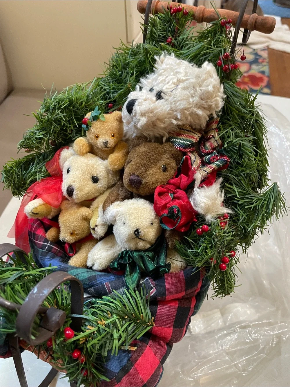 Holiday Plush Bear Sleigh Décor - Cream, Brown, Tan, Green, Red